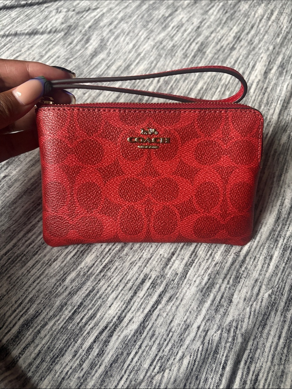 COACH Red Signature Zip Wristlet with Gold Logo